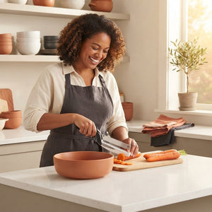 A woman slicing carrots with a Clever Cutter 2-in-1 tool in a bright, modern kitchen with terracotta and charcoal decor.