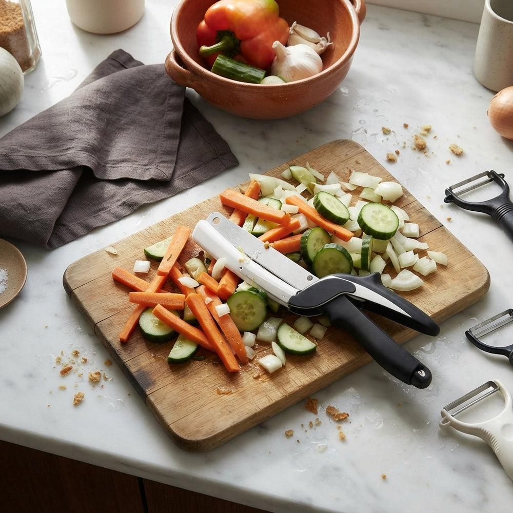 A cluttered kitchen countertop with vegetable scraps on a wooden cutting board next to a Clever Cutter 2-in-1 kitchen tool.