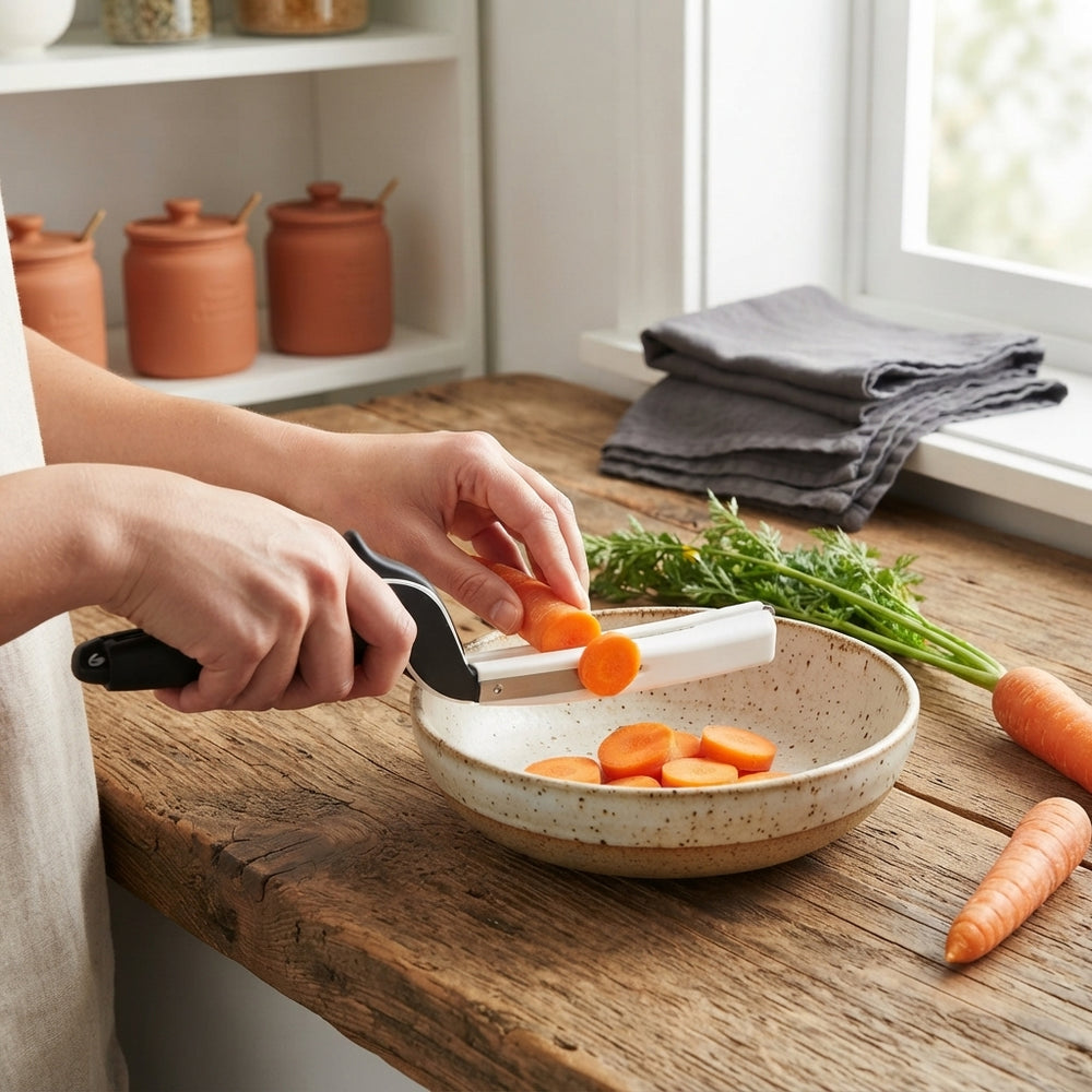 Hands using a Clever Cutter 2-in-1 kitchen knife to chop carrots into a bowl on a wooden kitchen counter.